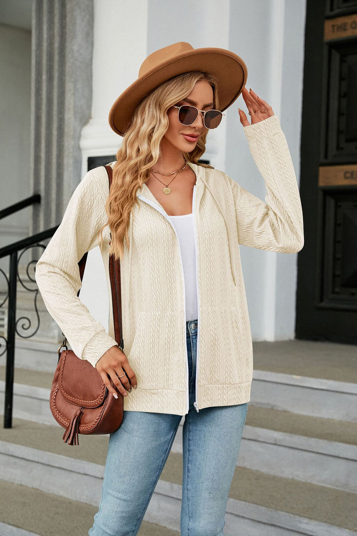 Cream Full Sleeves Front Zip Hooded Jackets
