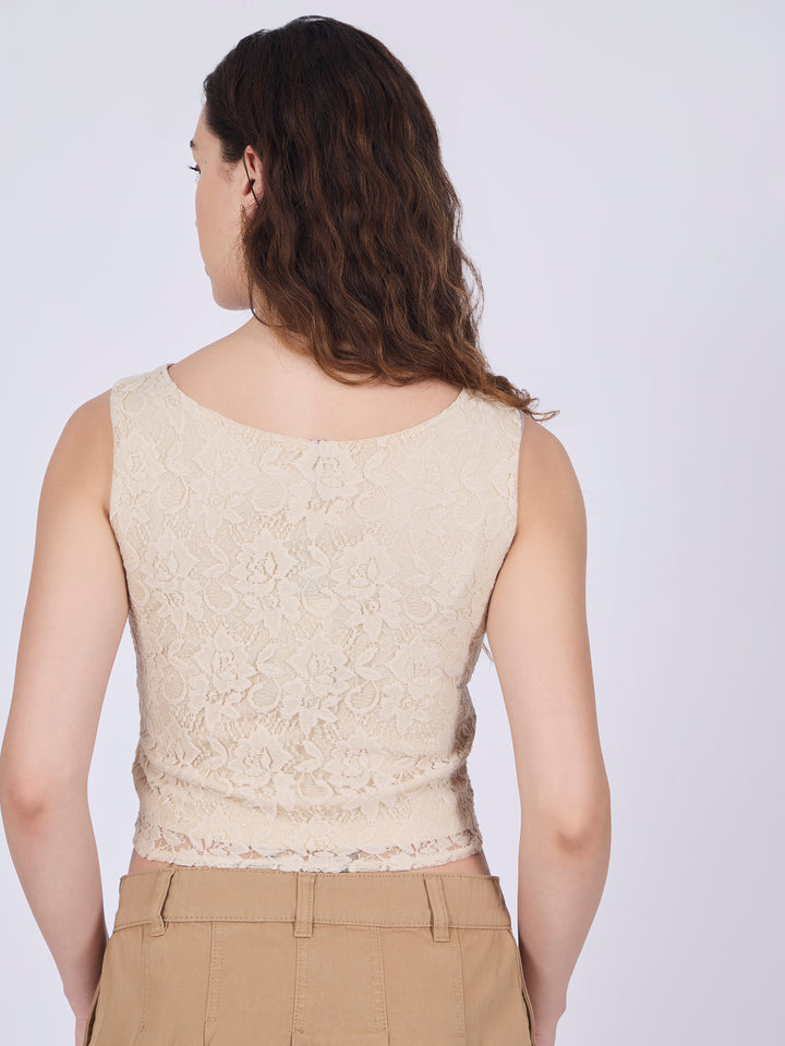 Beige Fitted Lace Top
