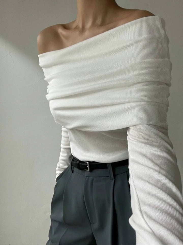 White Off-Shoulder Solid Sweater