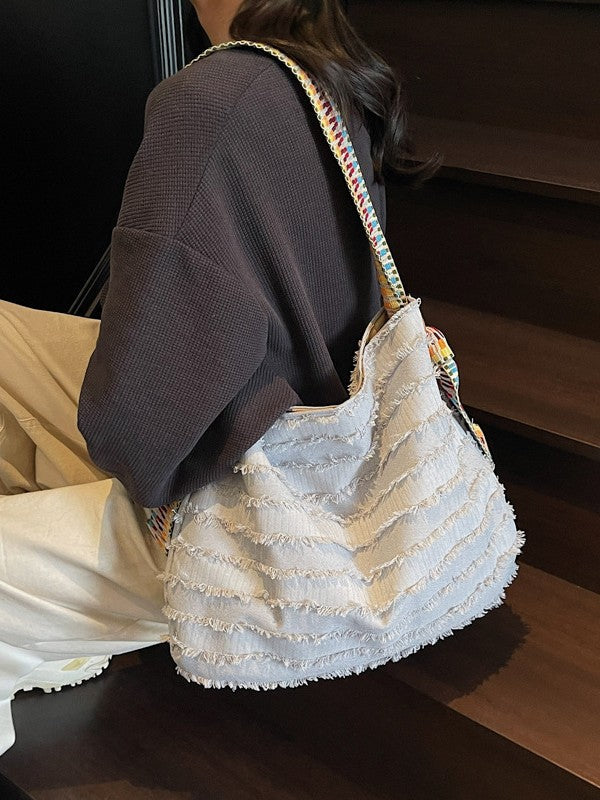 Grey Boho Fringe Tote Bag