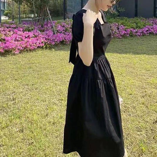 Black Back Bow Detailed Solid Mini Dress