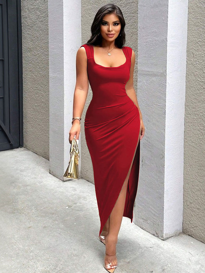 Red Wide Strap Slit Dress