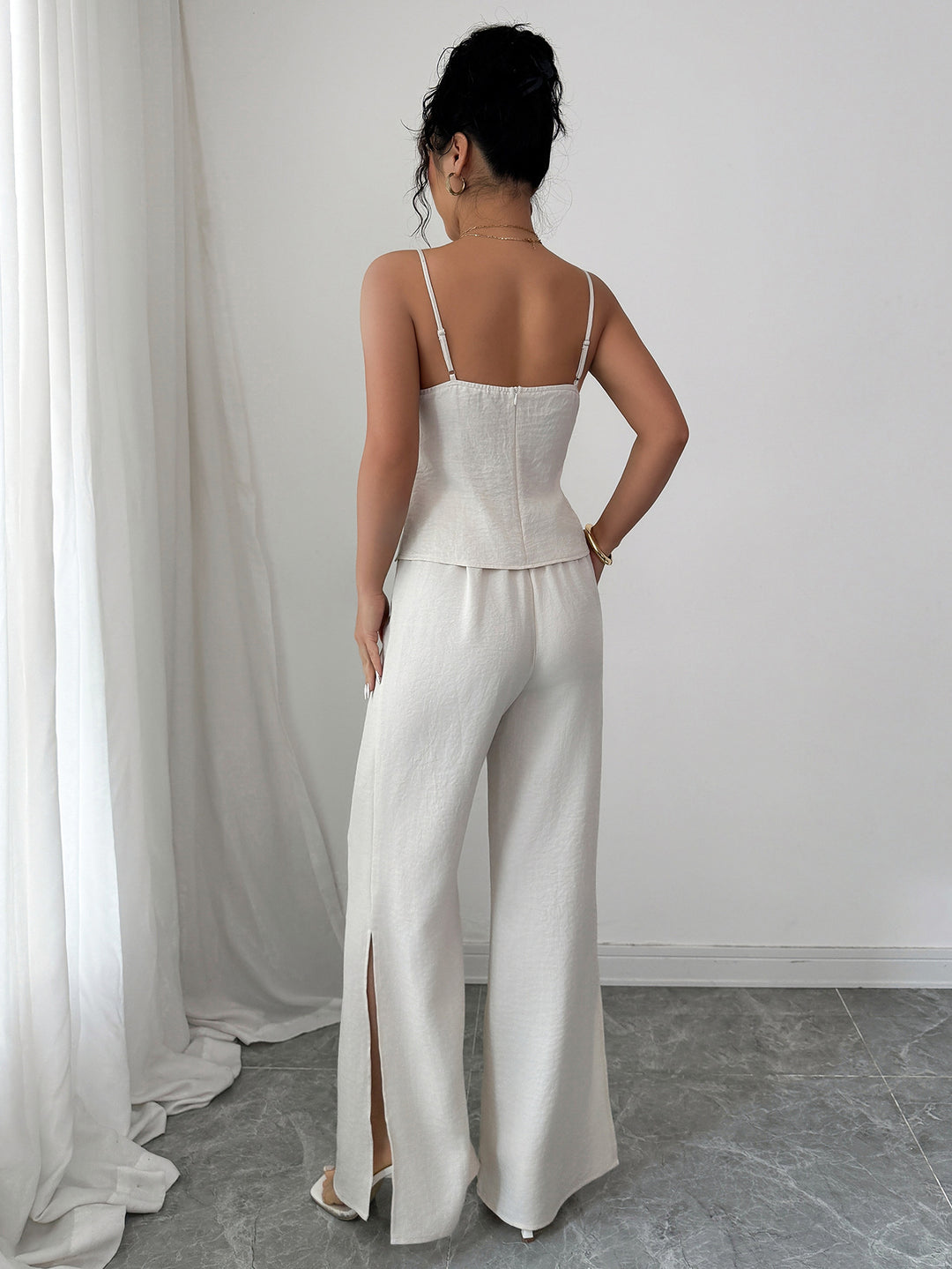 Cream Strappy Top And Pants Co-Ord Set