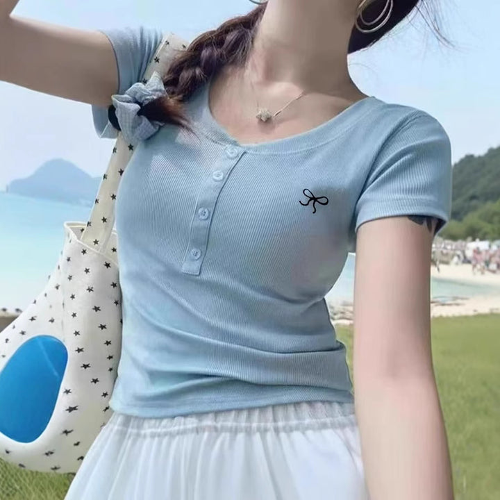 Blue V Neck Button Relaxed Top