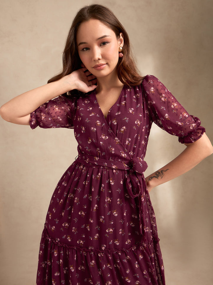 Maroon Printed Maxi Wrap Tiered Dress