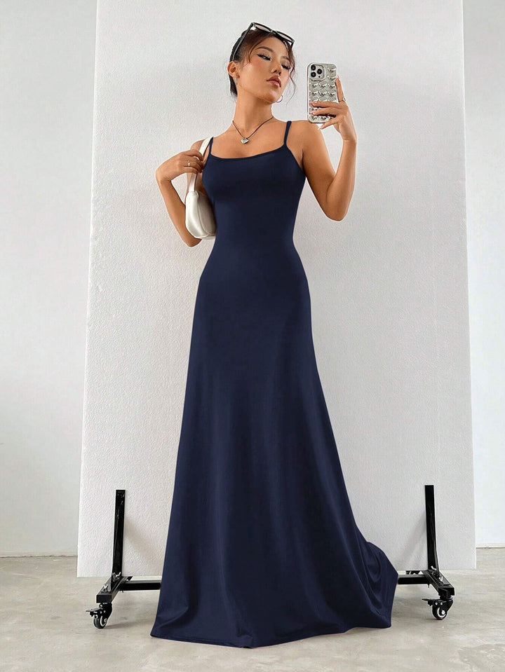 Navy Blue Shoulder Strap Flared Dress