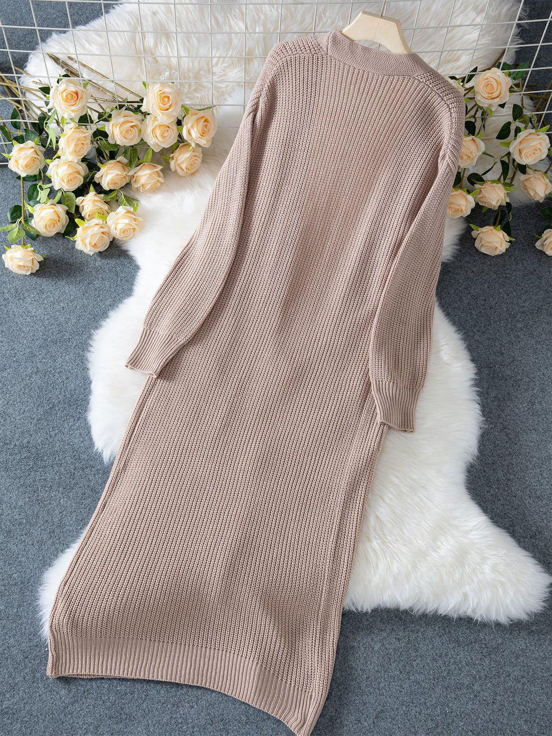 Beige Full Sleeves Solid Long Cardigan