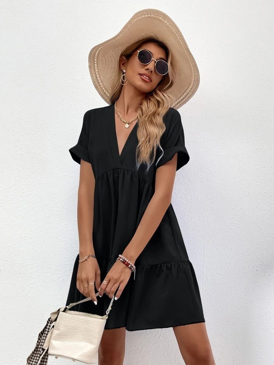 Black V Neck Aline Tiered Dress