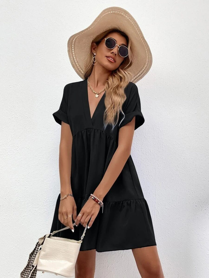 Black V Neck Aline Tiered Dress