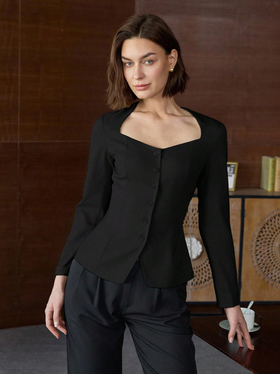 Black Long Sleeve Front Button Top