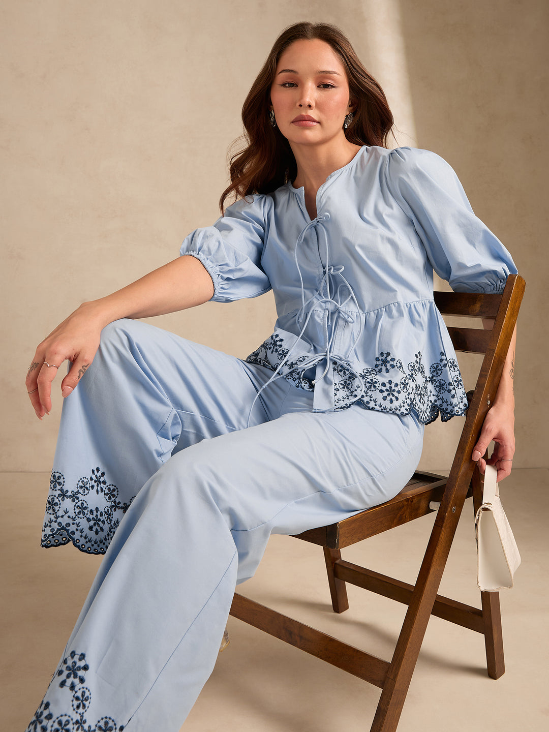 Blue Contrast Schiffli Regular Fit Shirt With Trouser
