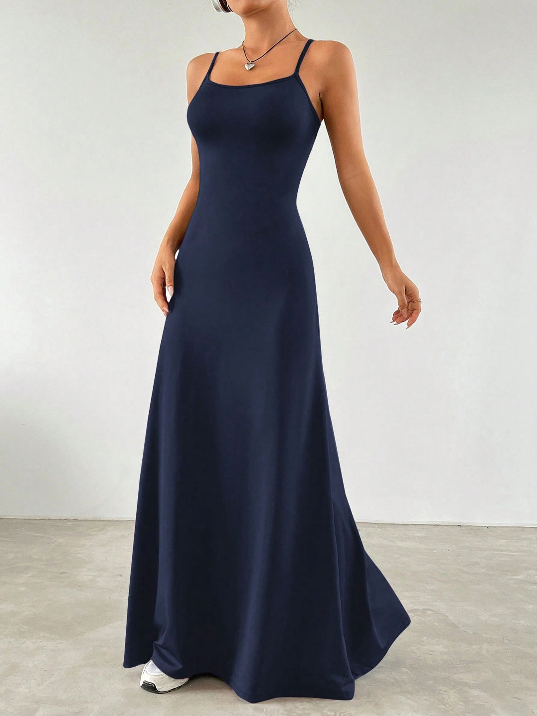 Navy Blue Shoulder Strap Flared Dress