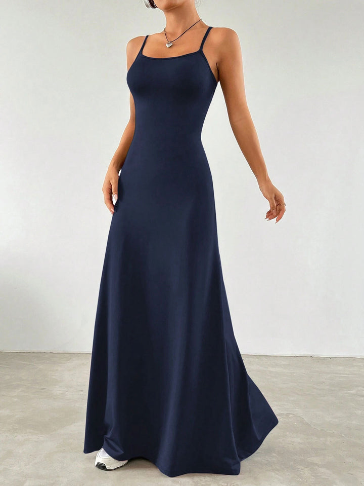 Navy Blue Shoulder Strap Flared Dress
