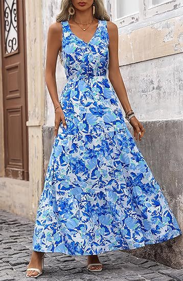 Blue V Neck Printed Cinched Waist Dress