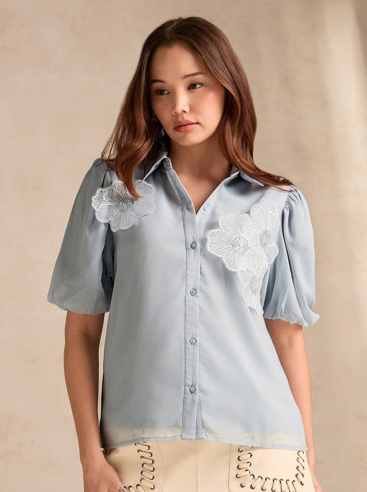 Blue Regular Fit Shirt With Balloon Sleeves And Applique Flower Detail