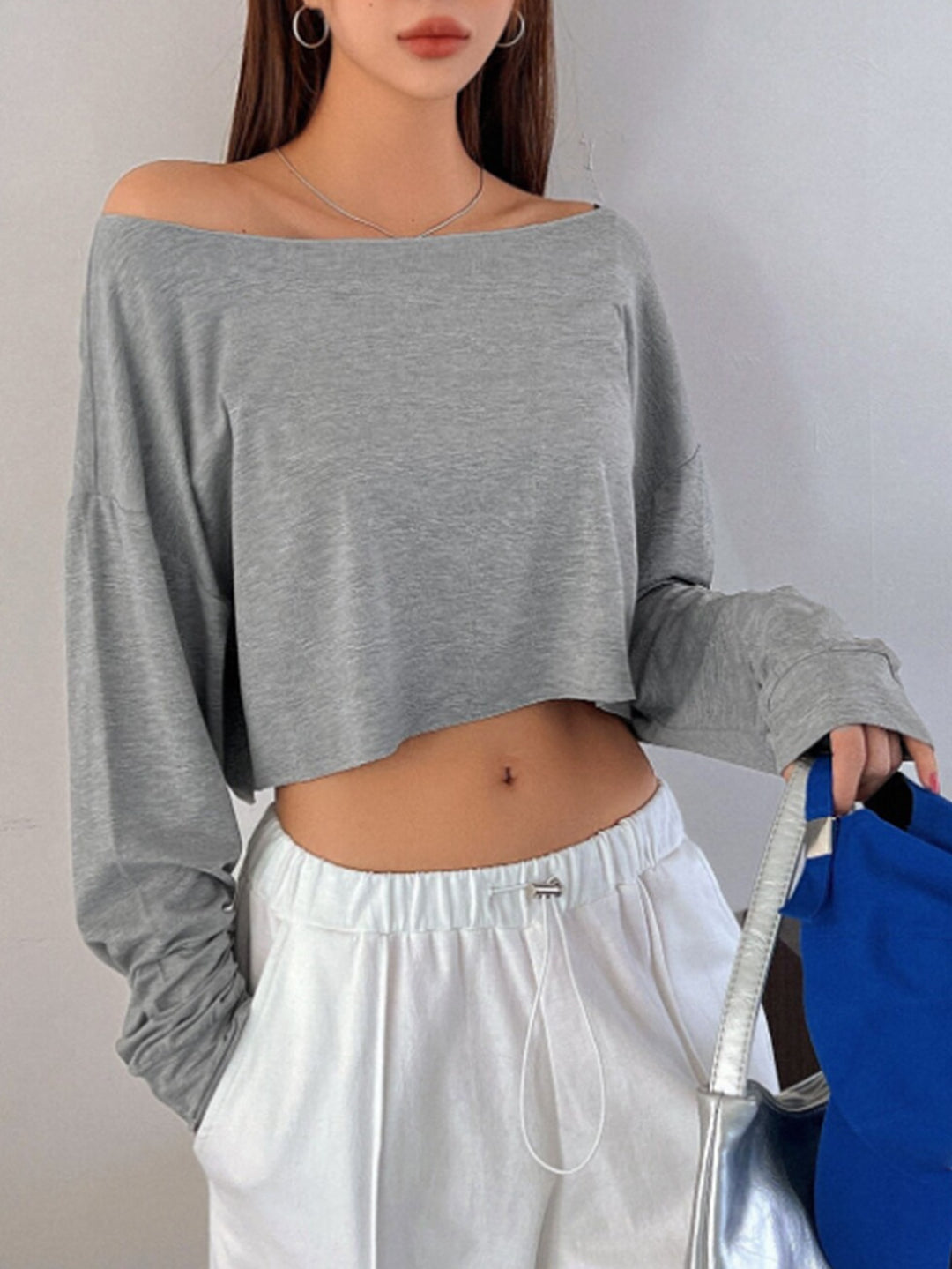 Grey Off-Shoulder Boxy Fit Sweatshirt