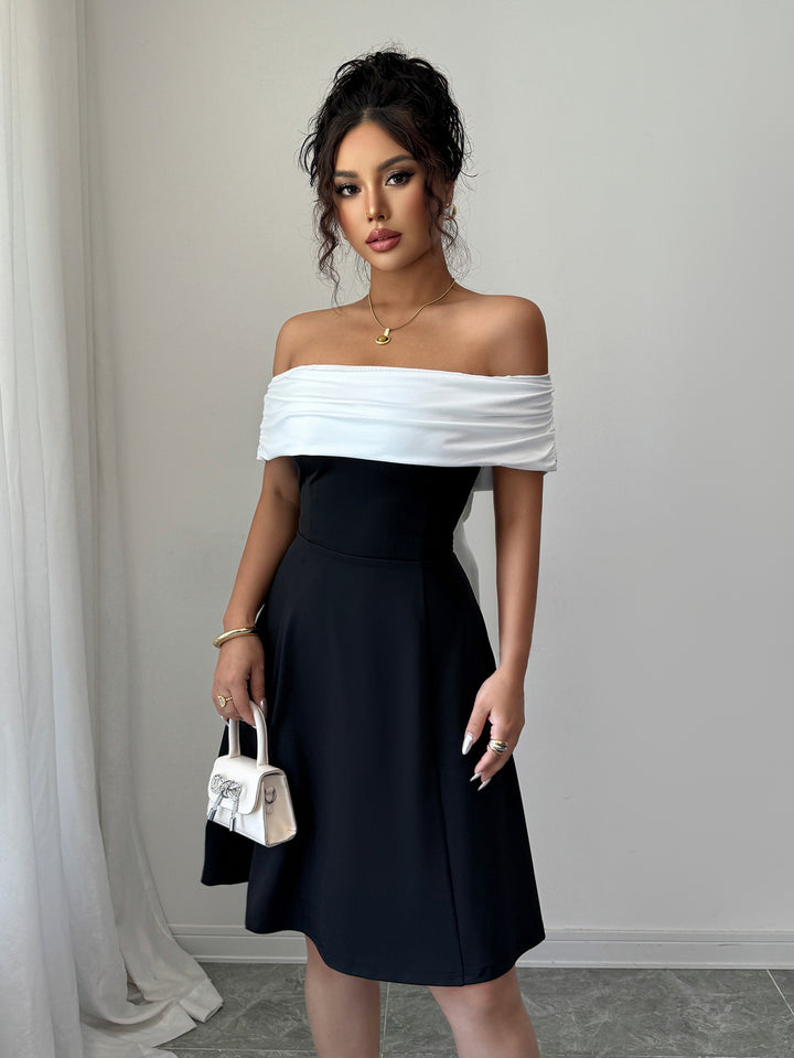 Black Off-Shoulder Colour Block Back Bow Dress