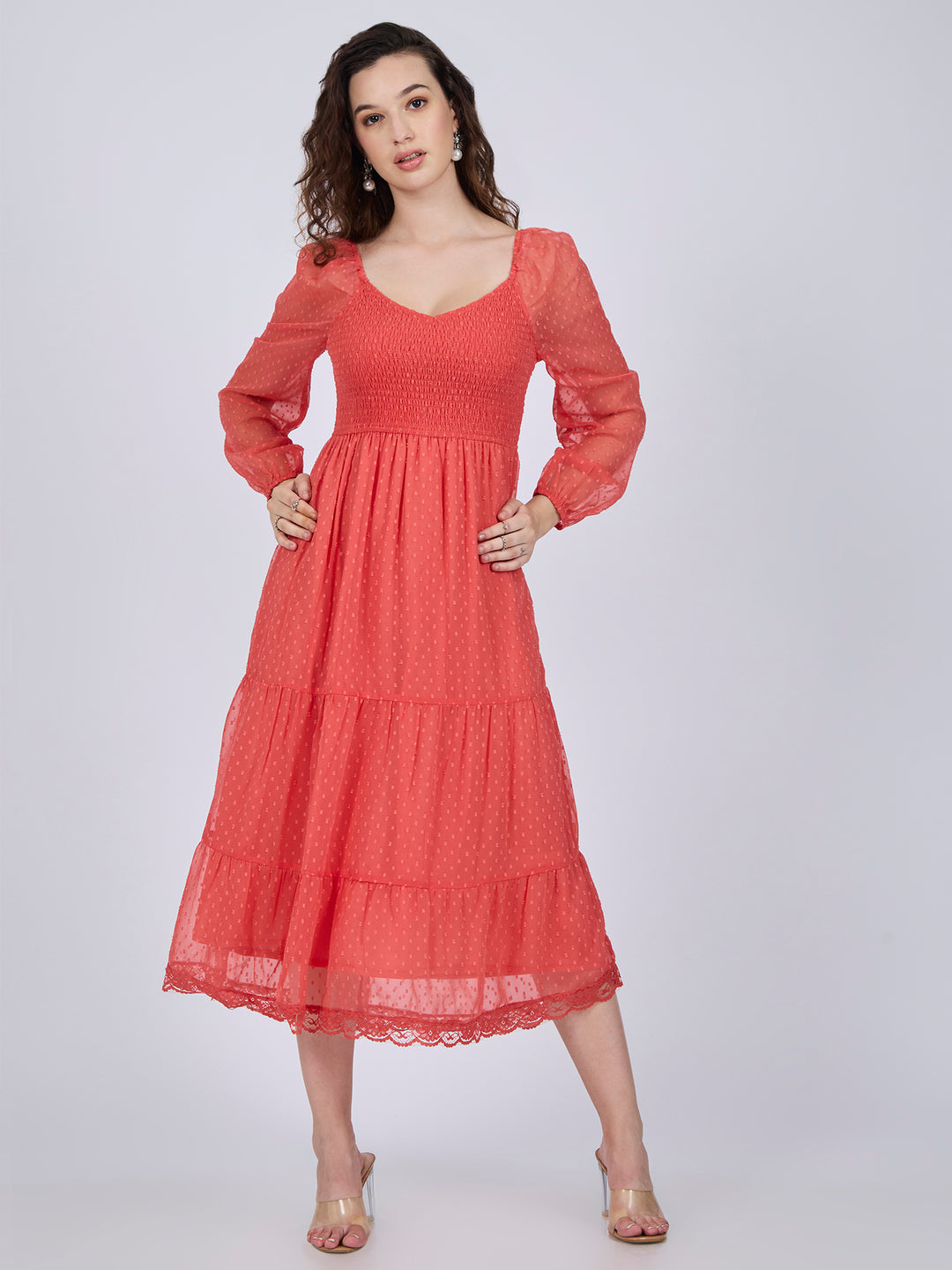 Coral Tiered Midi Dress