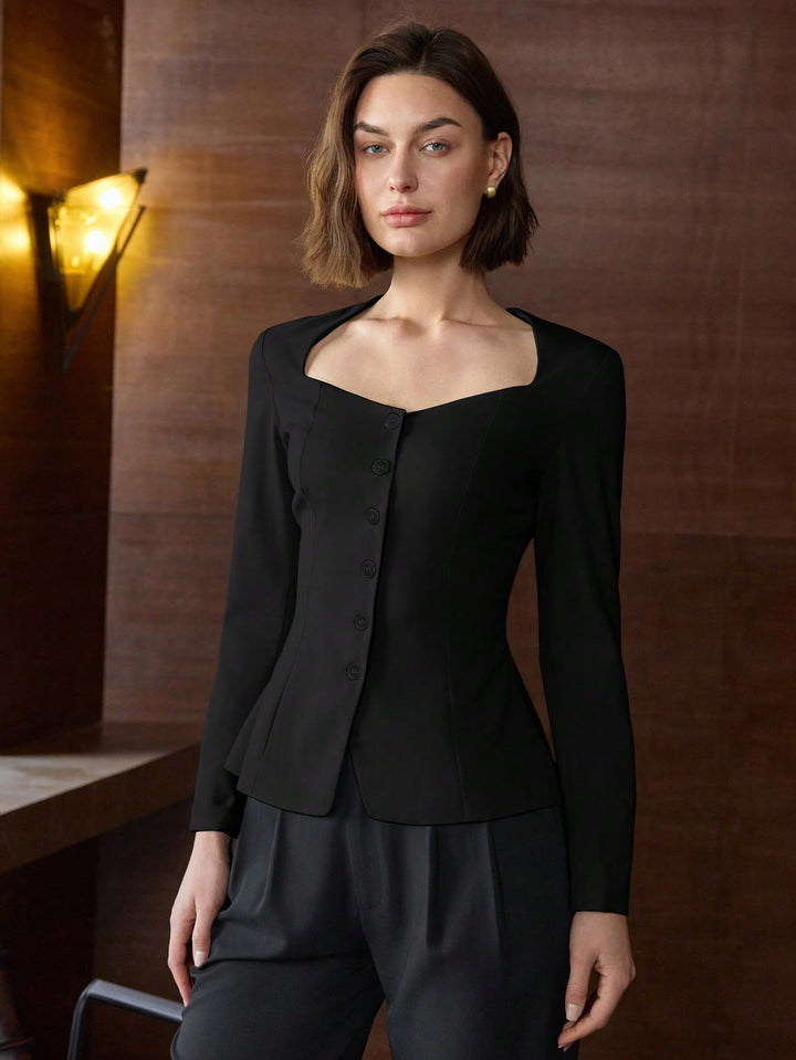 Black Long Sleeve Front Button Top