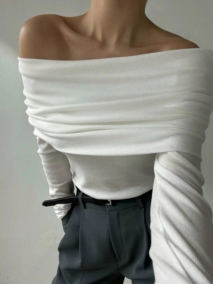 White Off-Shoulder Solid Sweater