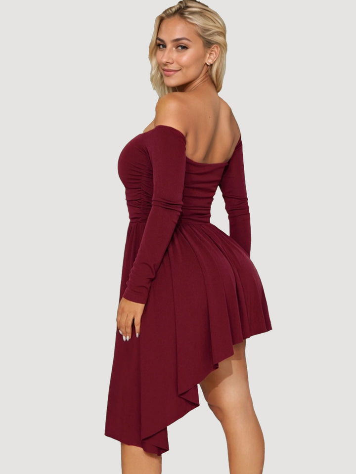 Burgundy Off-Shoulder Skater Pleated Dress