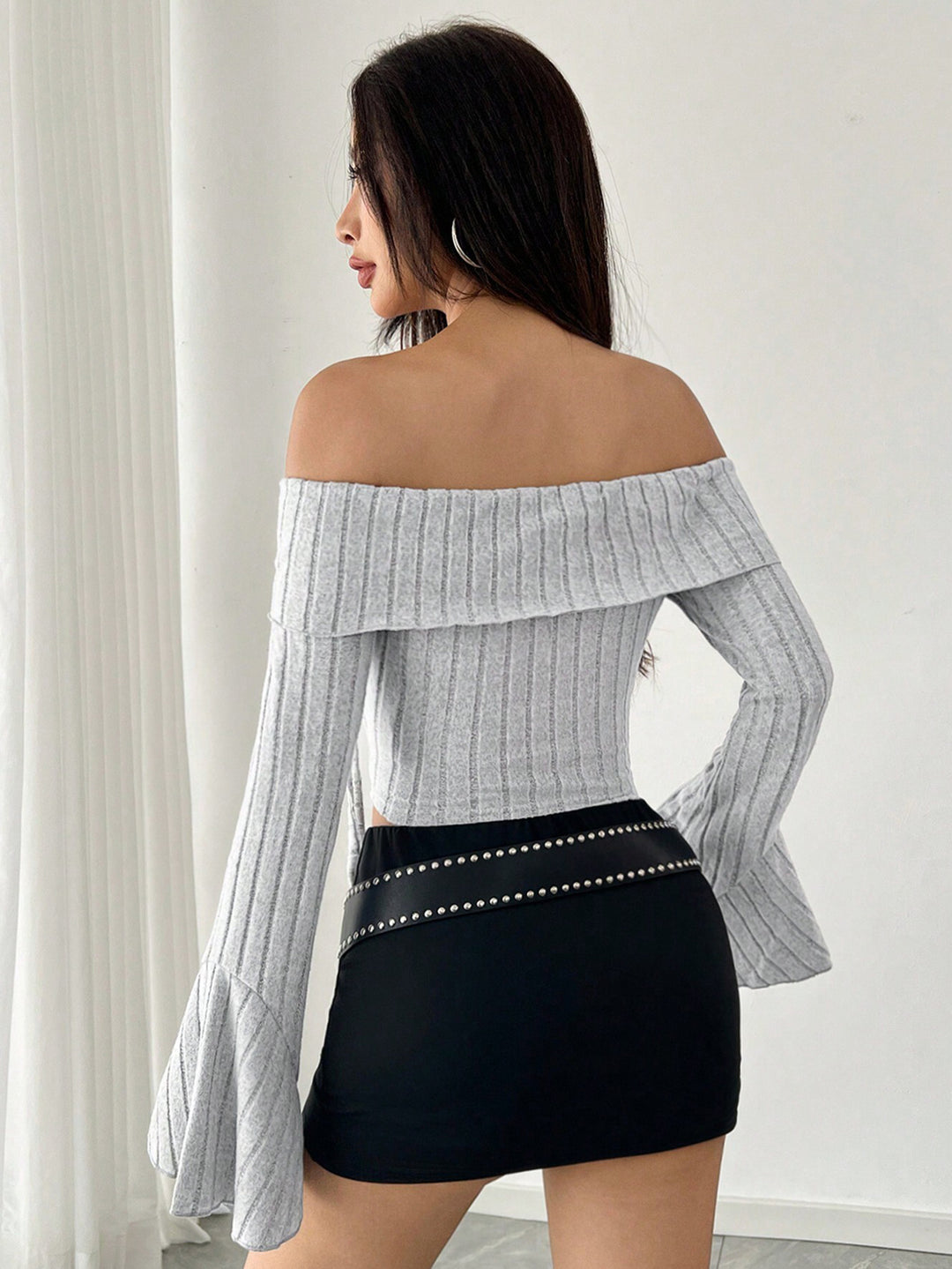 Grey Off Shoulder Bell Sleeve Asymmetrical Top