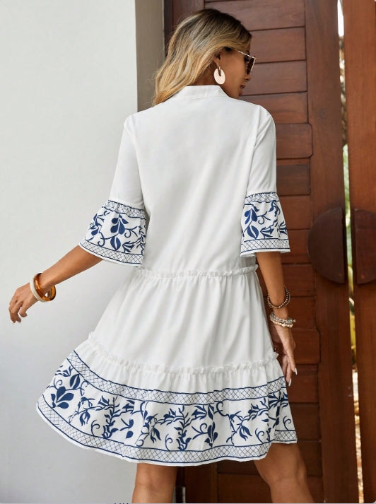 White Placement Print Boho Dress