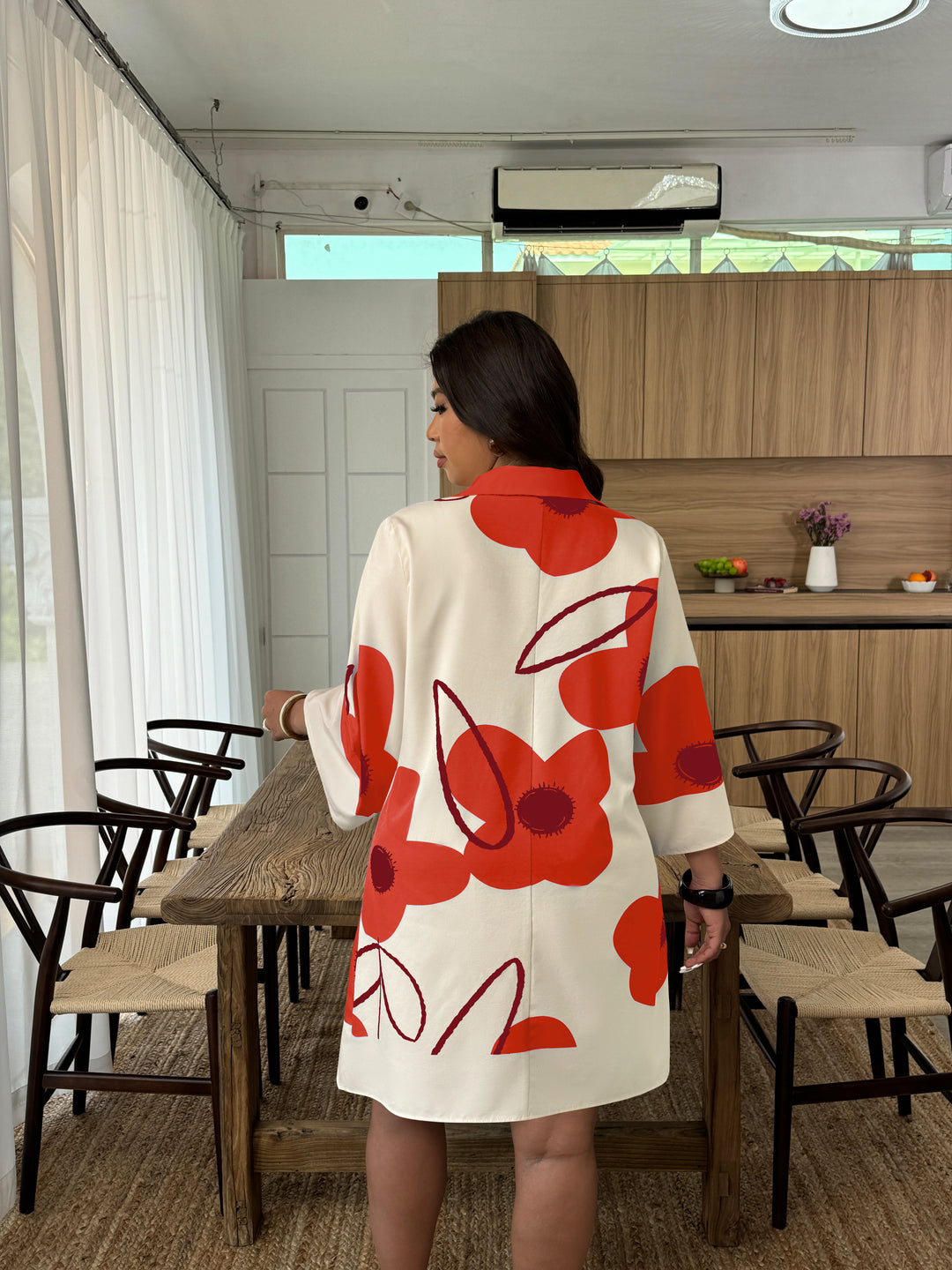 Beige Floral Printed Collared Neck Dress