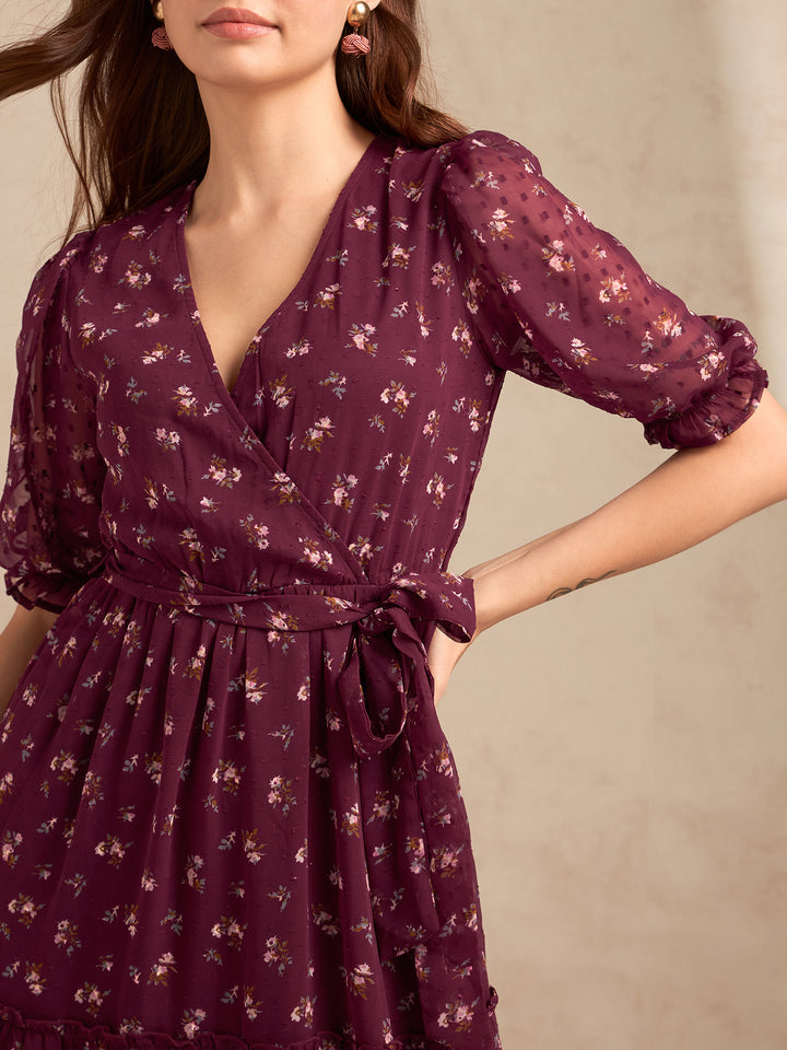 Maroon Printed Maxi Wrap Tiered Dress