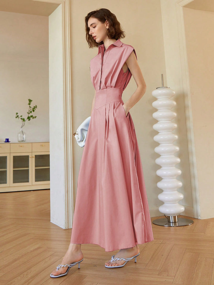 Pink Front Button Shirt Style Sleeveless Dress