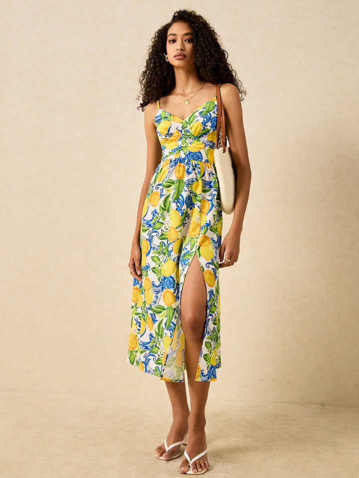 Yellow Strappy Printed Thigh High Slit Dress