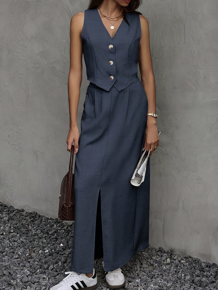 Grey Sleeveless Vest And Long Skirt Co-Ord Set