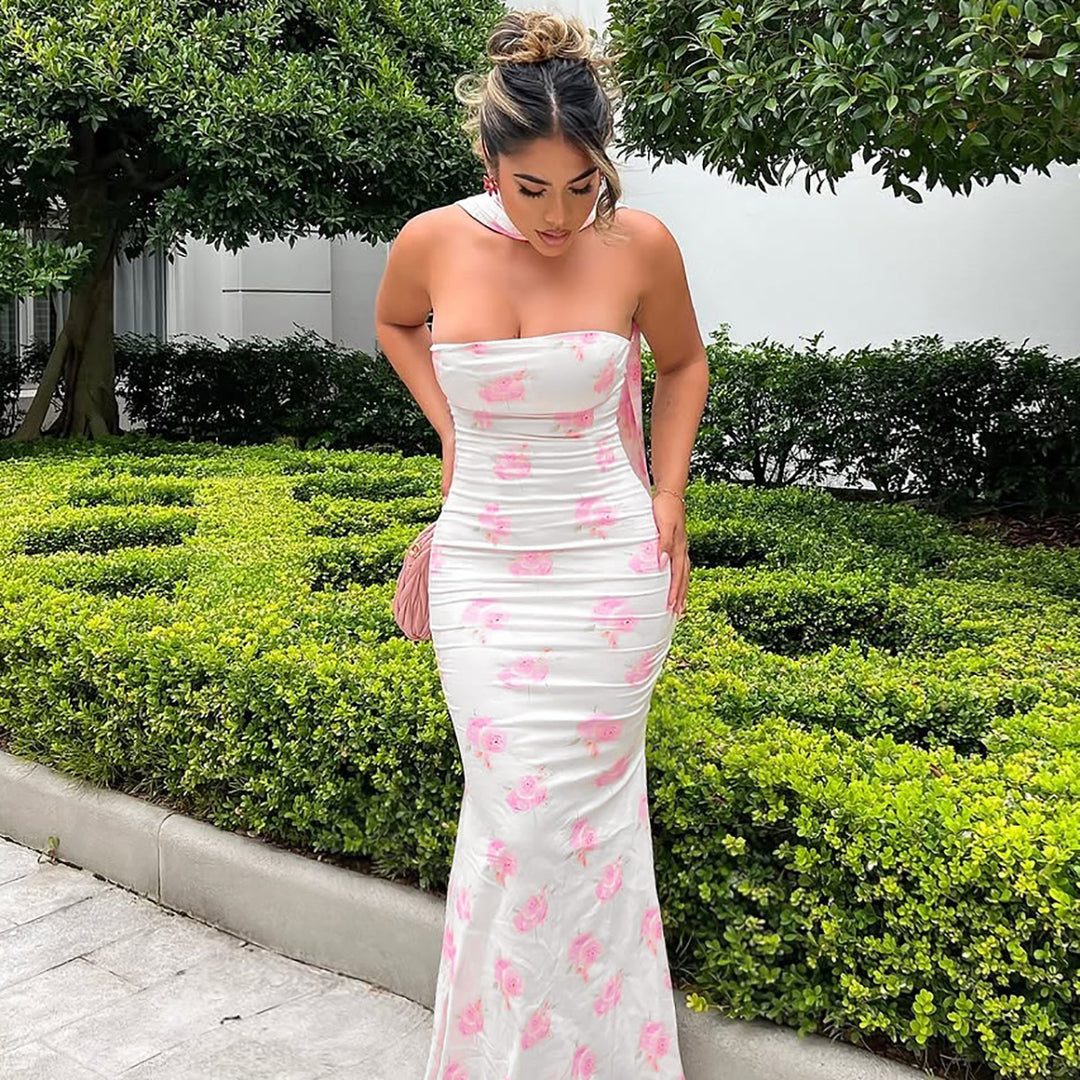 Pink Printed Strapless Bodycon Dress
