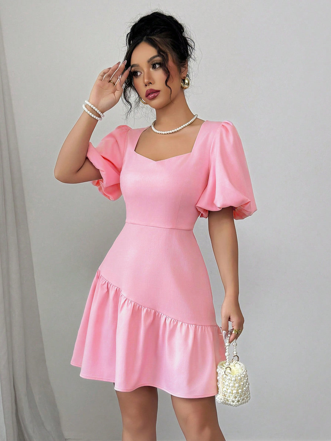 Pink Puff Sleeve Sweetheart Neck Dress