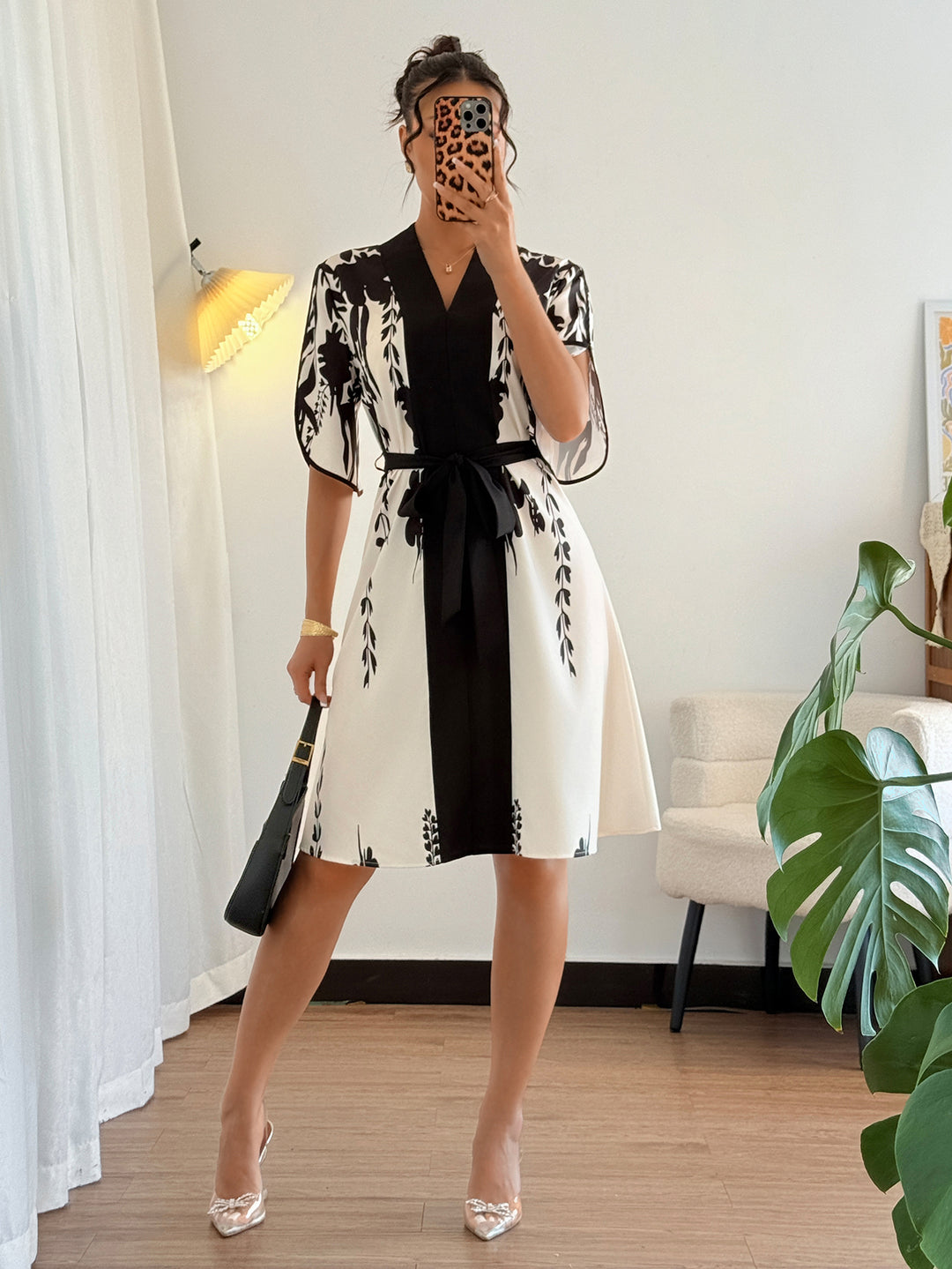 Green V-Neck Front Tie Dress