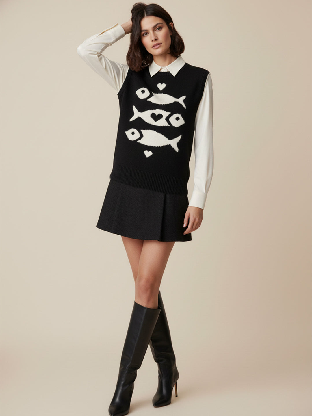 Black Sleeveless Contrast Rib Sweater