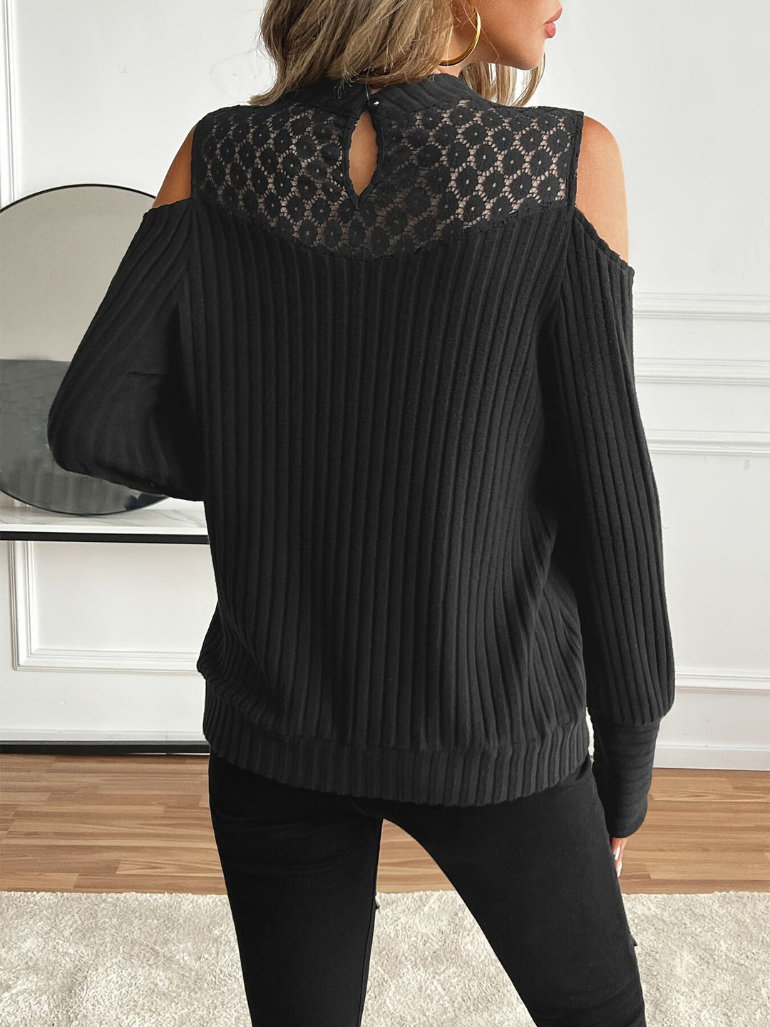 Black Lace Yoke With Shoulder Cut Out Top