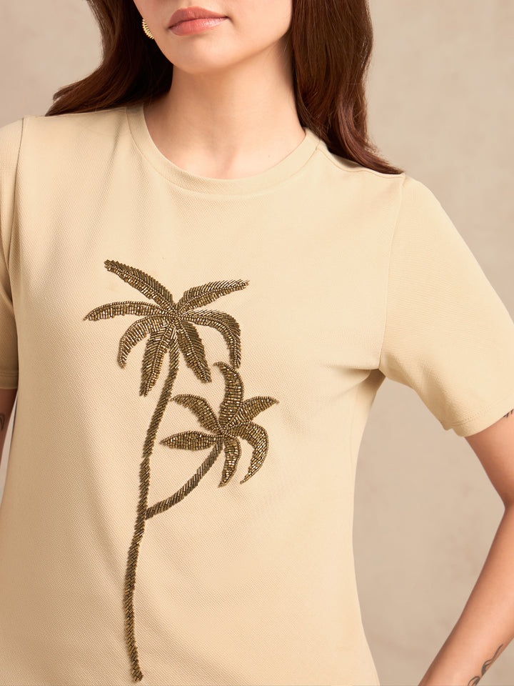 Beige Evening Wear Studded Top