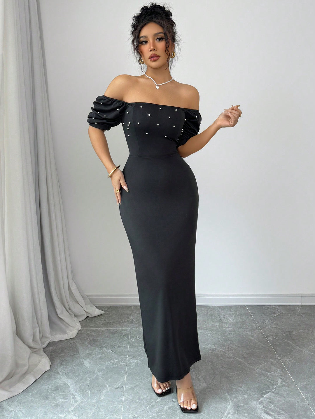 Black Off Shoulder Fitted Dress
