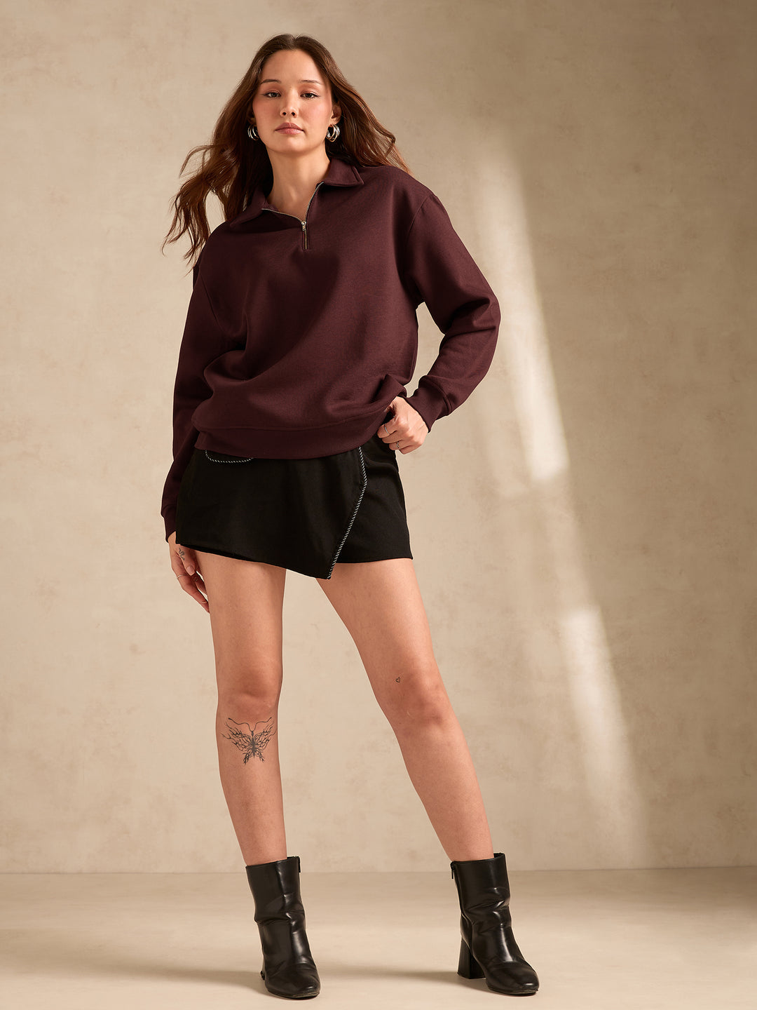 Brown Solid Oversized Zipper Sweatshirt