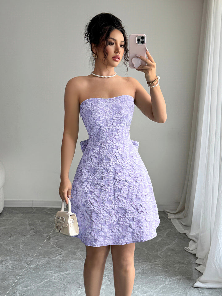 Purple Strapless Floral Printed Bow Dress
