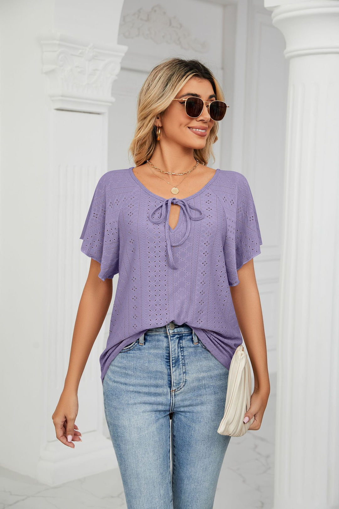 Lilac Flared Sleeves Tie Up Top