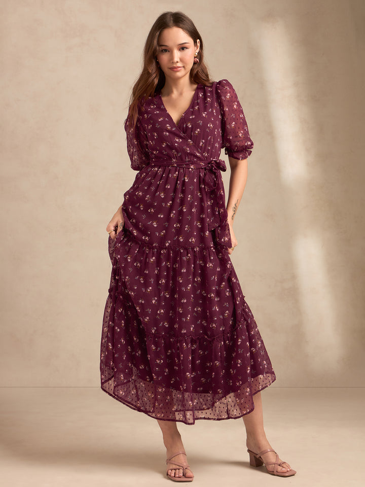 Maroon Printed Maxi Wrap Tiered Dress