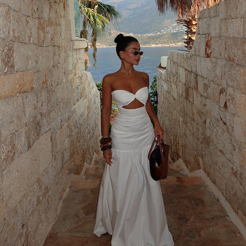 White Fitted Bust With Waist Cutout Maxi Dress