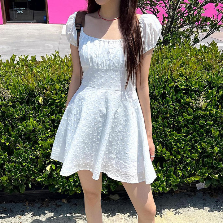 White Puff Sleeve Fit And Flare Mini Dress