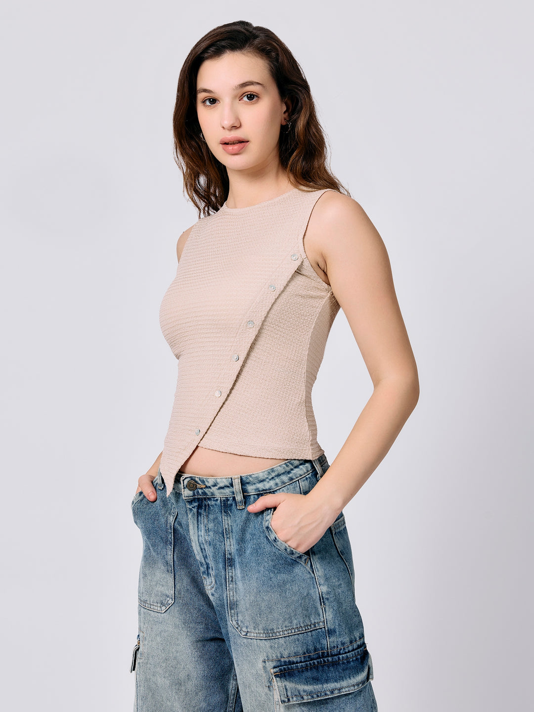 Beige Textured Assymetric Hem Tank
