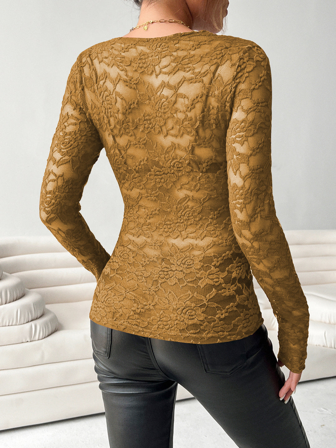 Brown Full Sleeve Plunging Neck Mesh Top
