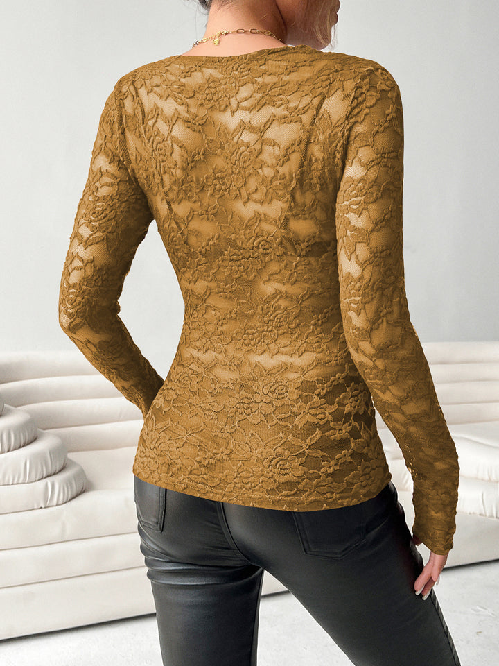 Brown Full Sleeve Plunging Neck Mesh Top