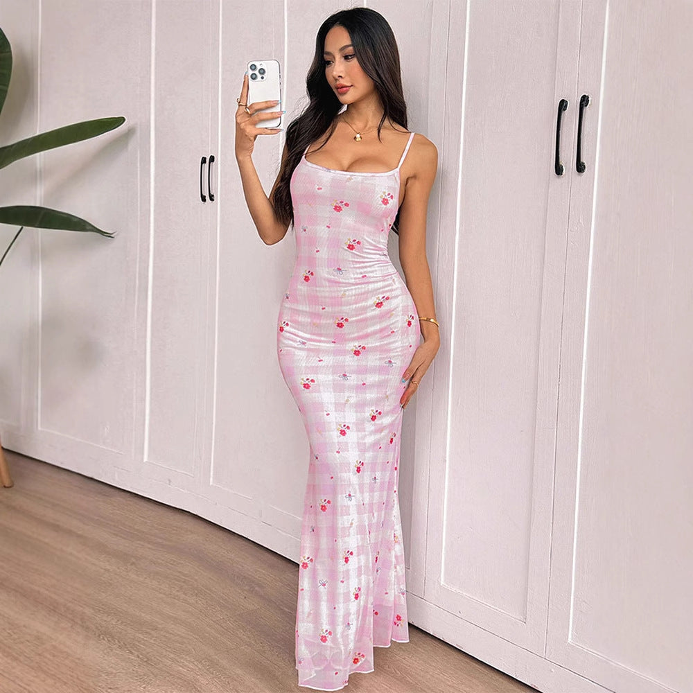 Pink Strappy Printed Maxi Dress