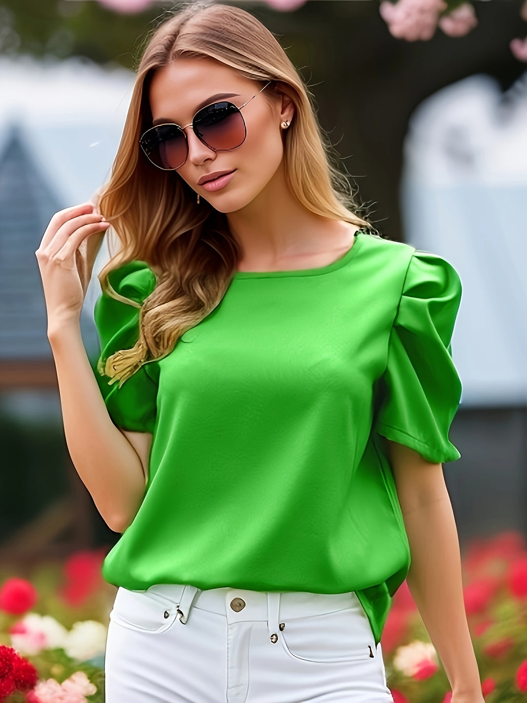 Green Half Puff Sleeves Top